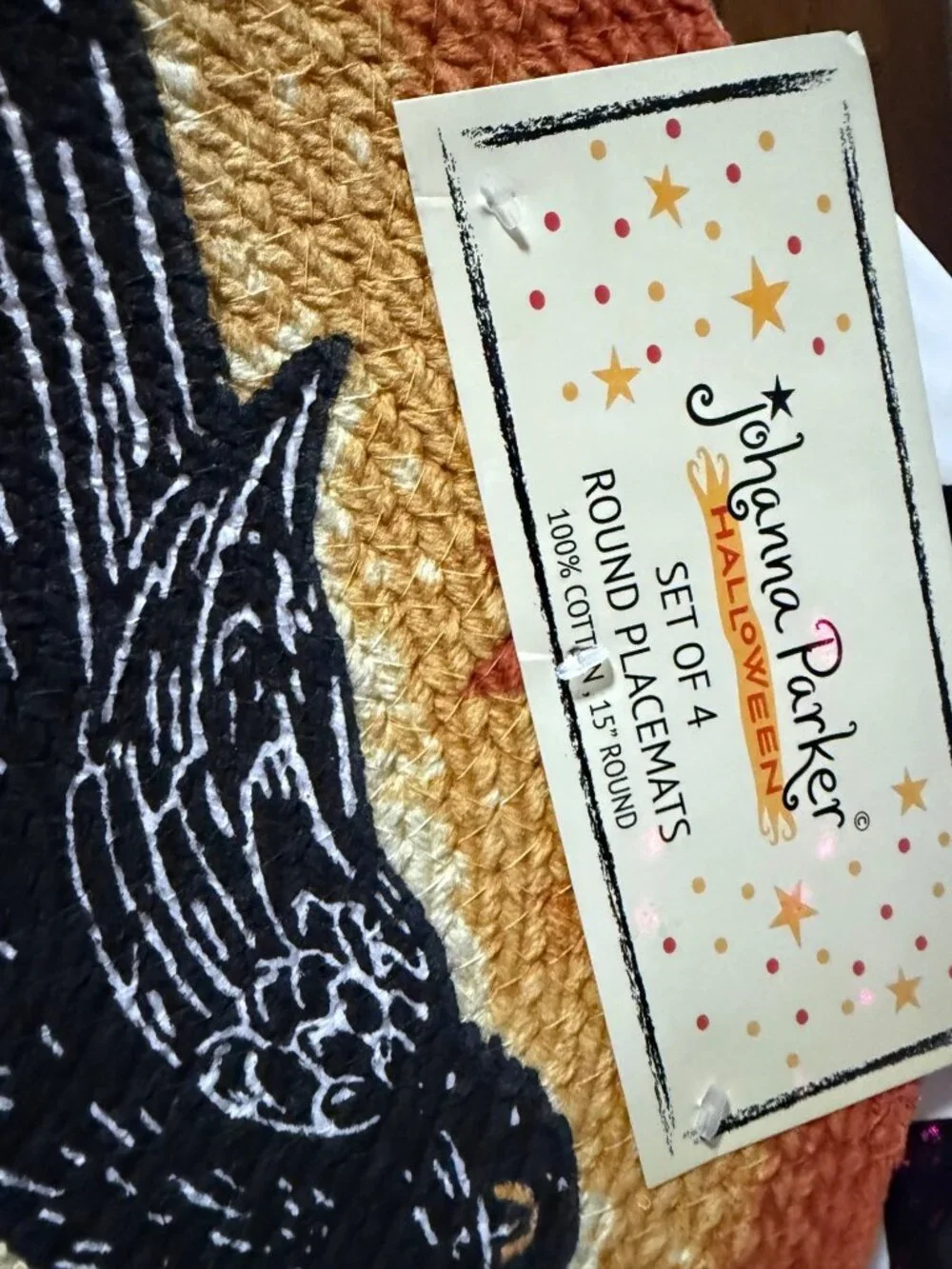 NWT 4 Johanna Parker Halloween Round Placemats Braided Cotton Fall  Pumpkin Crow
